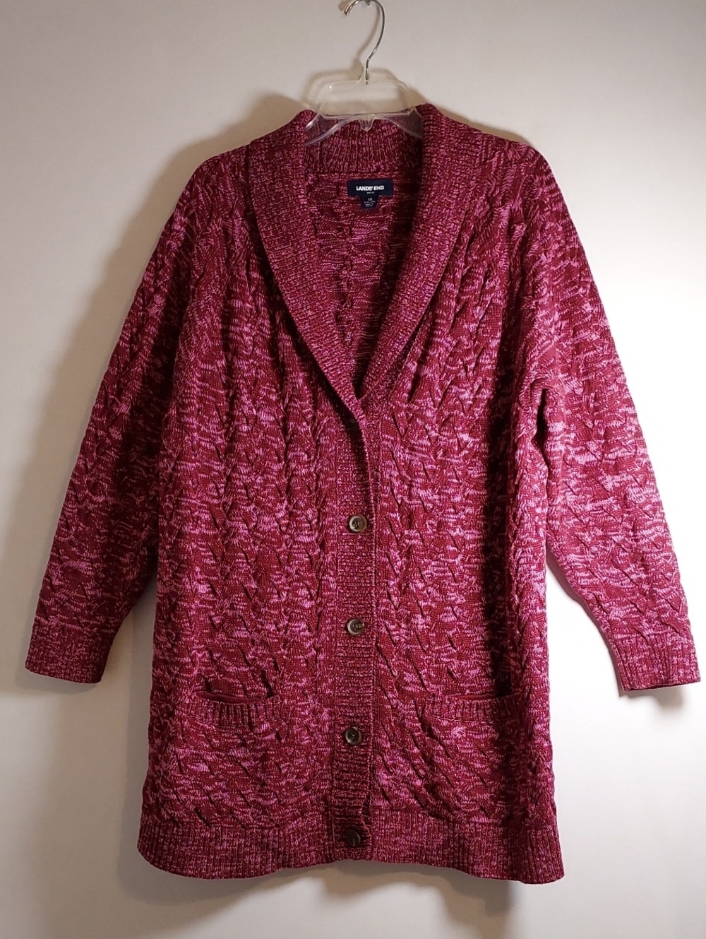 Lands' End Marled Raspberry Shawl-Collar Cardigan